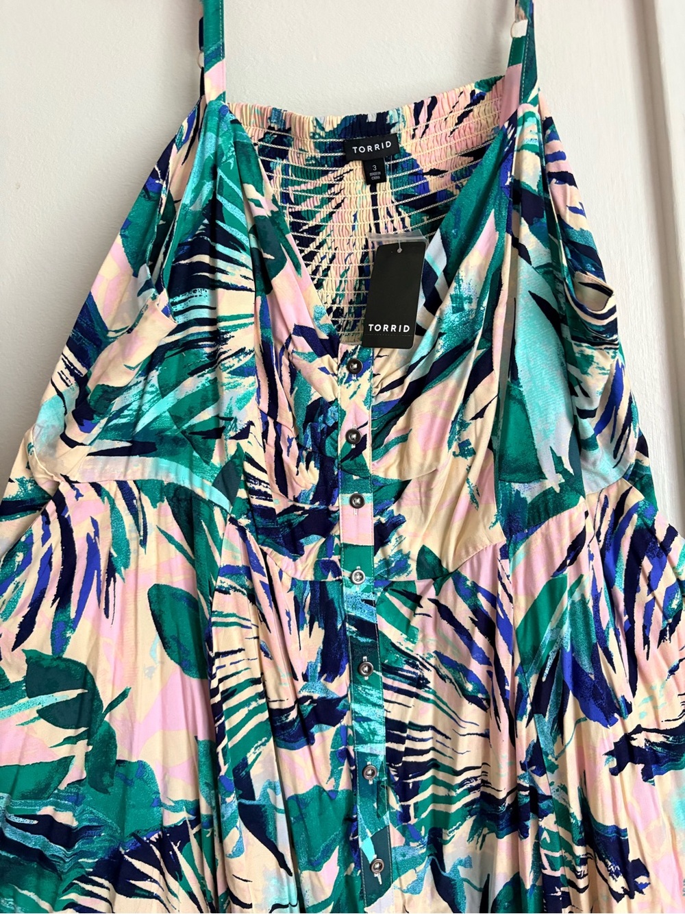 torrid Tropical Leaf Print Button-Front Maxi Skirt in Teal, Navy & Light Pink
